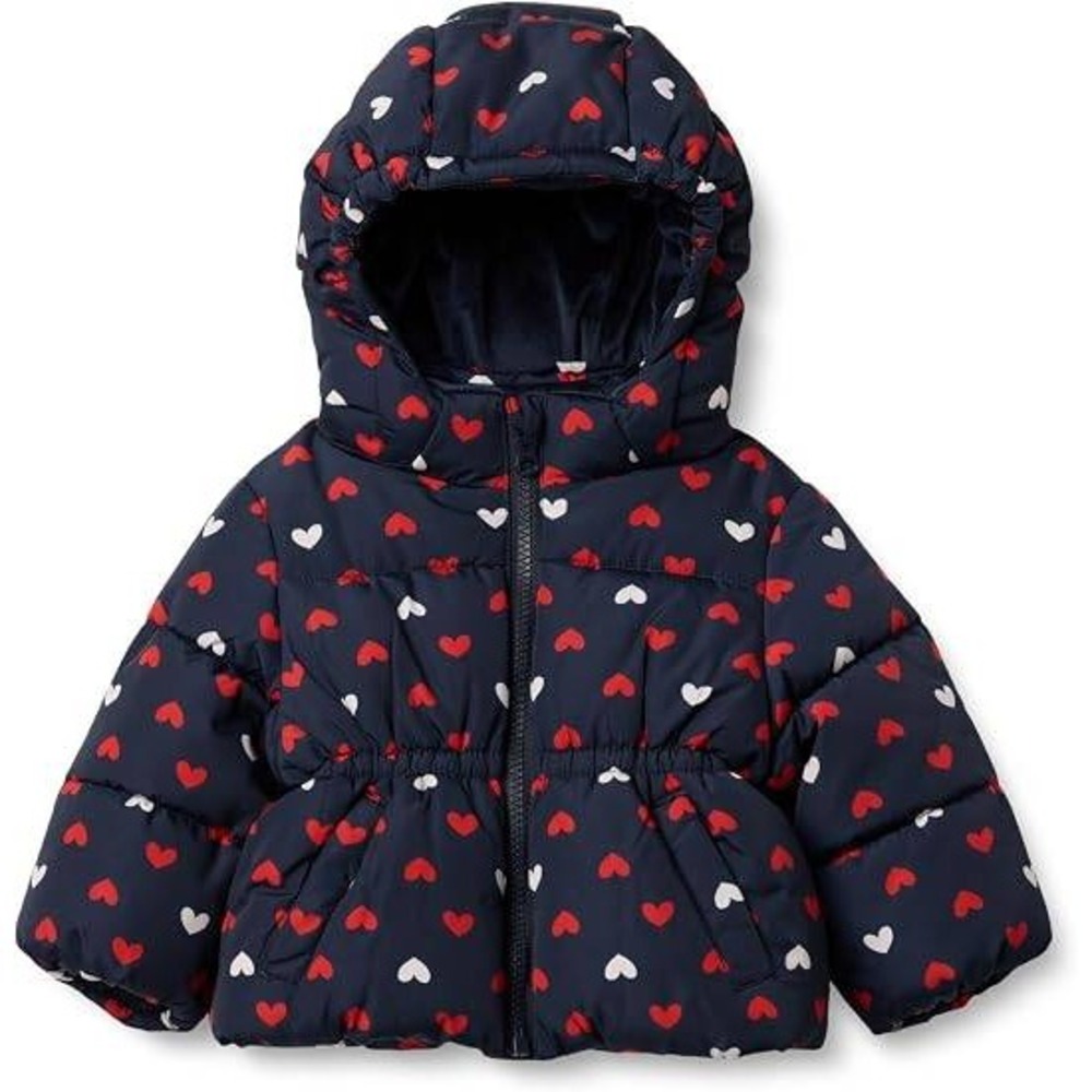 Amazon Essentials x Sofia Grainge Girls 12M Navy Hearts Hooded Puffer Jacket